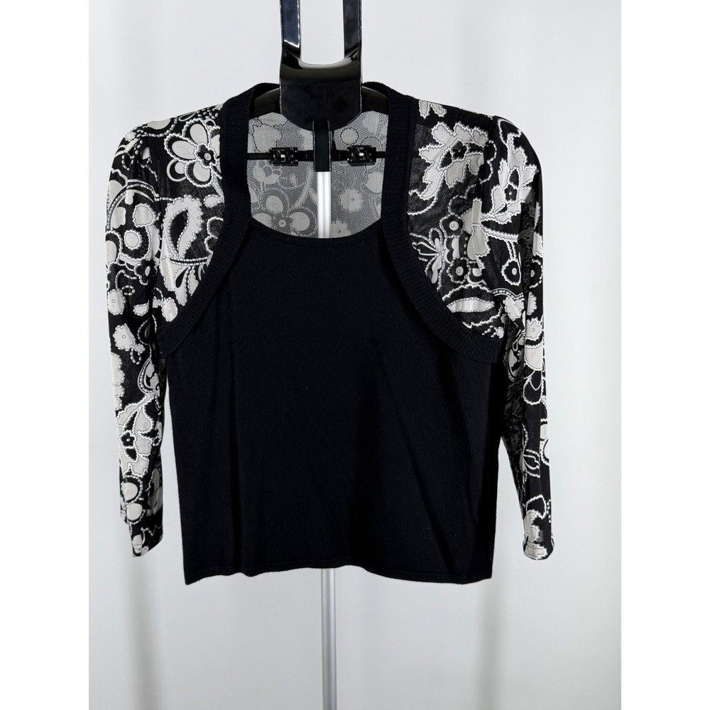 Investments Womens Black White Floral Mesh Sleeve Faux Layered Knit Top Size M